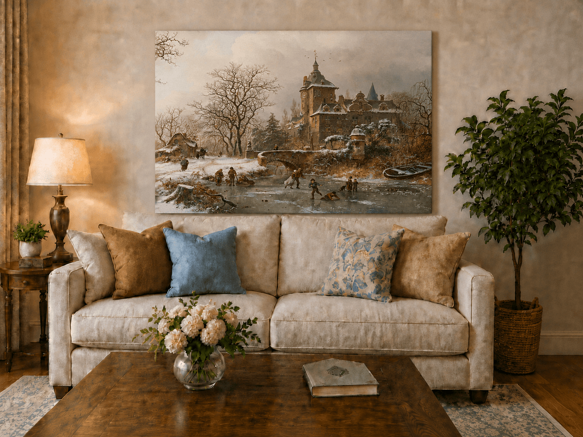 Landscape Oil Painting - Winter Castle and Ice Skaters Scene