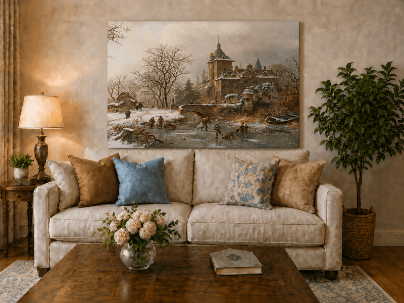 Landscape Oil Painting - Winter Castle and Ice Skaters Scene
