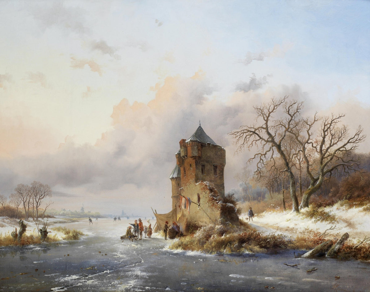 Landscape Oil Painting - Winter Castle Beside a Frozen River