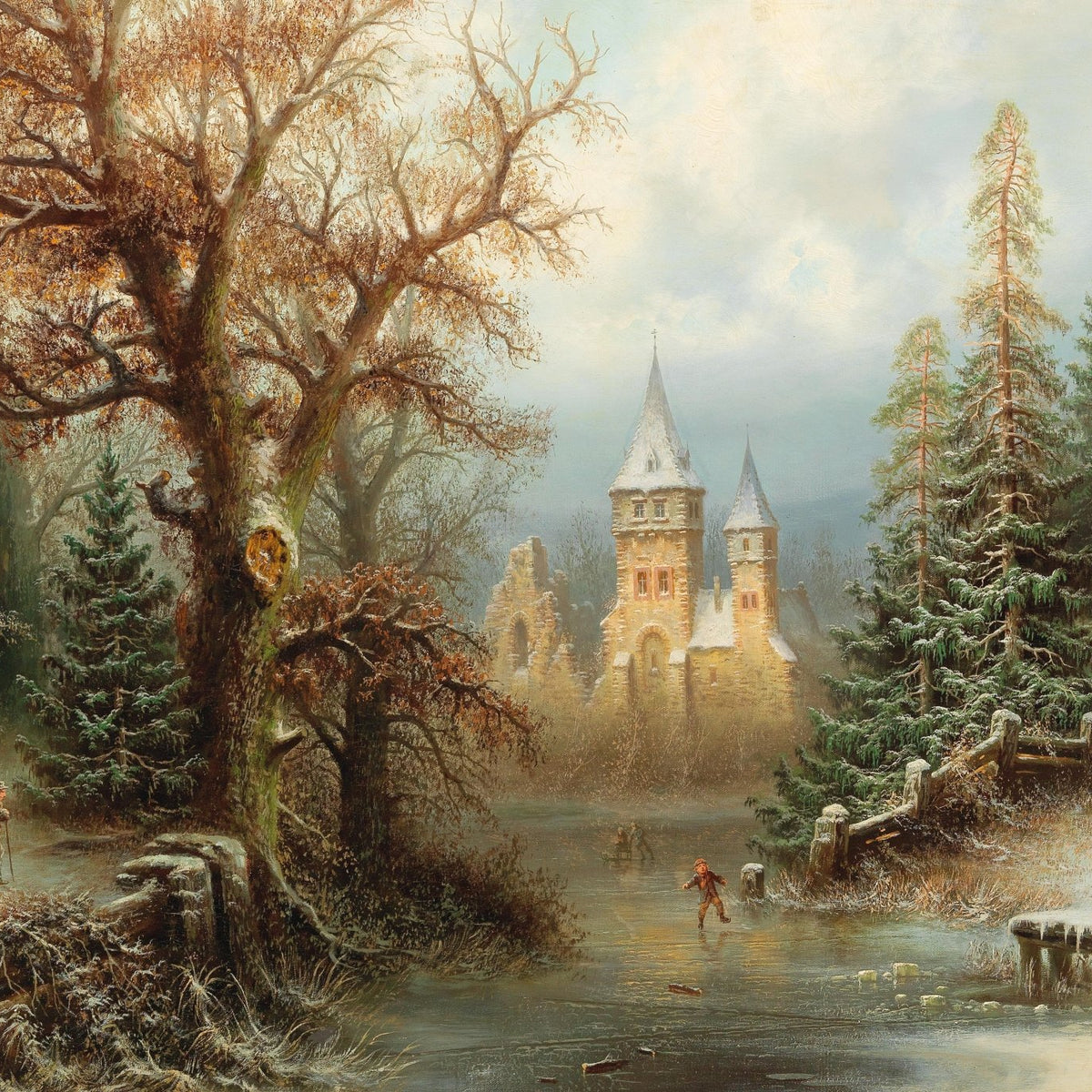 Hand-painted winter castle by a frozen lake landscape oil painting on canvas