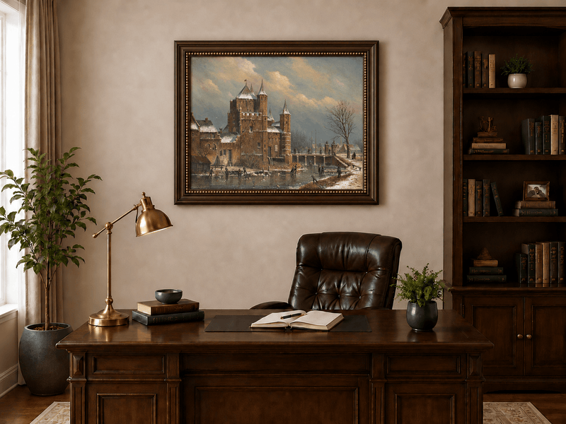 Landscape Oil Painting - Winter Castle by the Canal with Figures