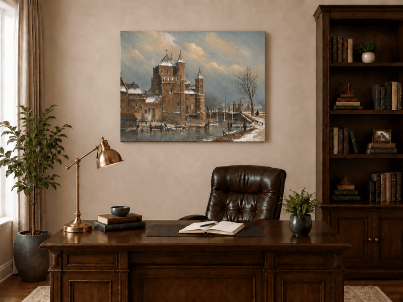 Landscape Oil Painting - Winter Castle by the Canal with Figures