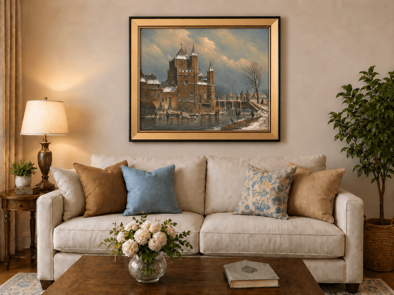Landscape Oil Painting - Winter Castle by the Canal with Figures