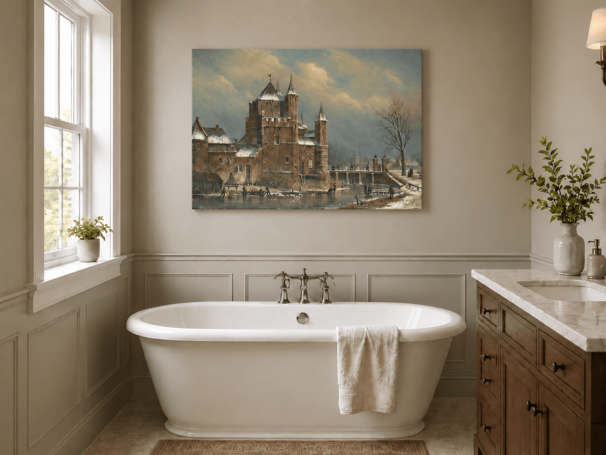 Landscape Oil Painting - Winter Castle by the Canal with Figures