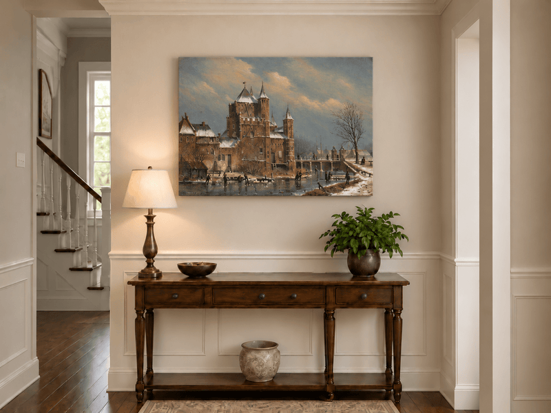 Landscape Oil Painting - Winter Castle by the Canal with Figures