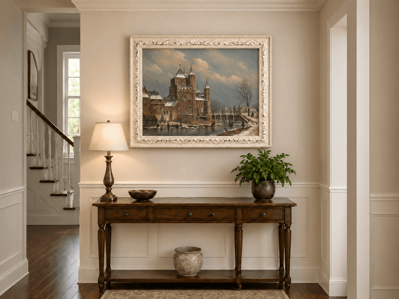 Landscape Oil Painting - Winter Castle by the Canal with Figures