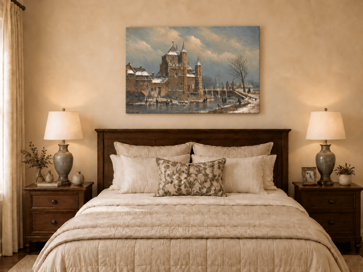 Landscape Oil Painting - Winter Castle by the Canal with Figures