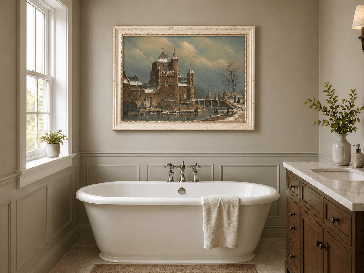 Landscape Oil Painting - Winter Castle by the Canal with Figures