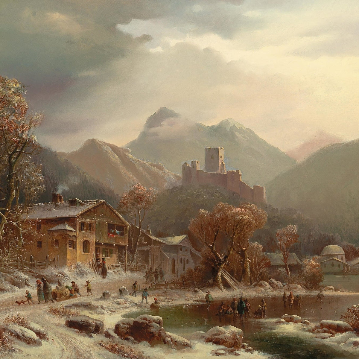 Hand-painted winter castle ruins and mountain village landscape oil painting on canvas