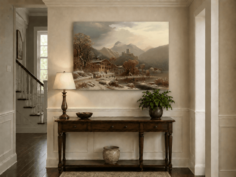 Peinture à l'huile de paysage - Gouffre rocheux spectaculaire avec personnages