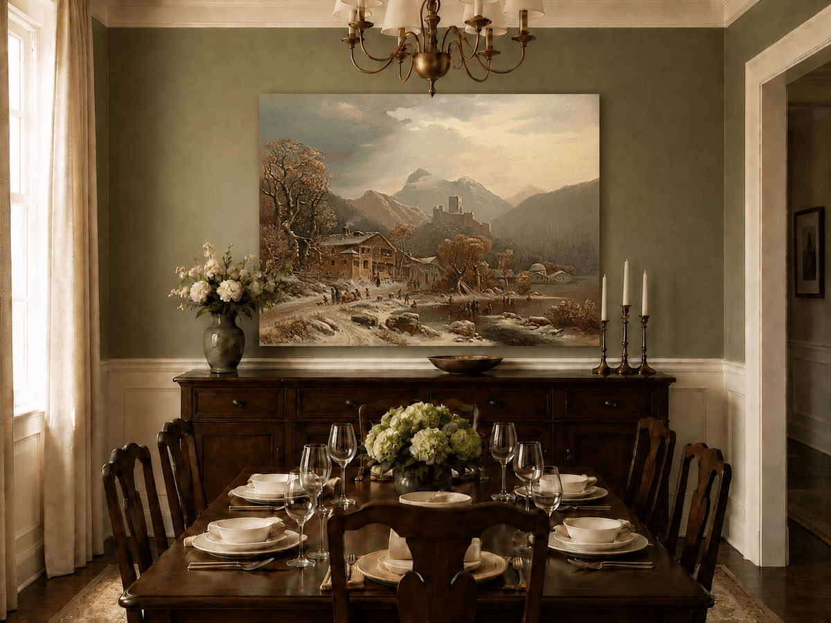 Peinture à l'huile de paysage - Gouffre rocheux spectaculaire avec personnages