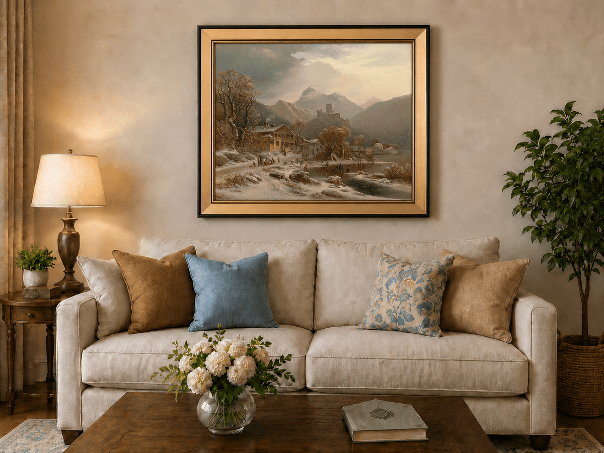Peinture à l'huile de paysage - Gouffre rocheux spectaculaire avec personnages