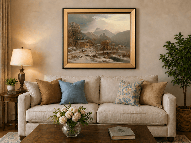 Peinture à l'huile de paysage - Gouffre rocheux spectaculaire avec personnages