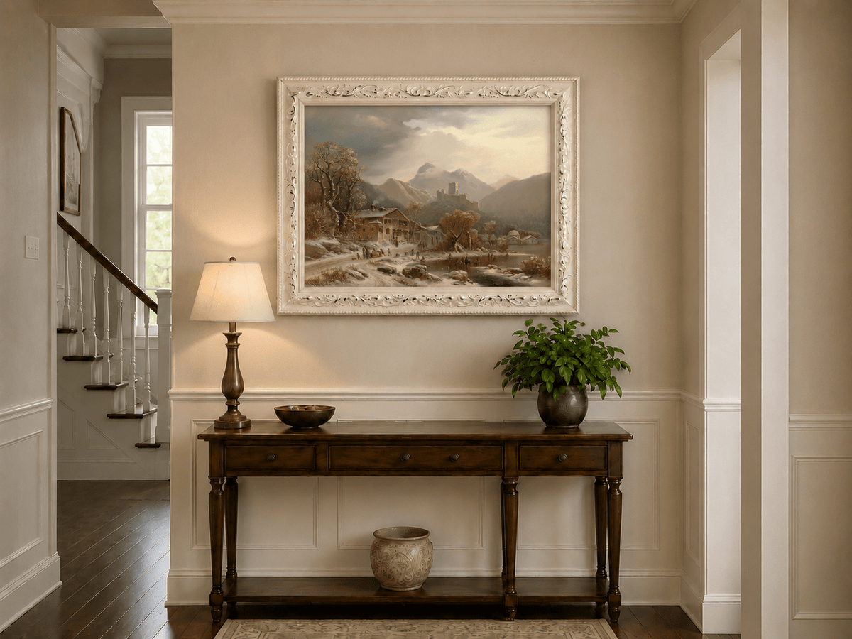 Peinture à l'huile de paysage - Gouffre rocheux spectaculaire avec personnages