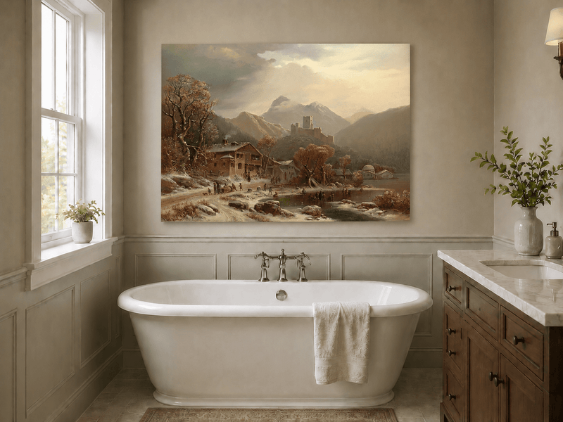 Peinture à l'huile de paysage - Gouffre rocheux spectaculaire avec personnages