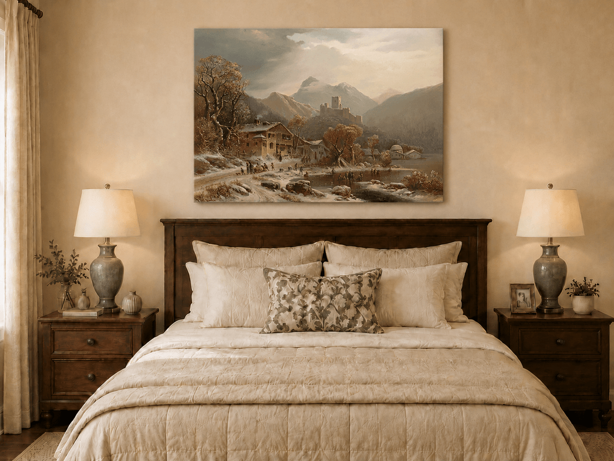 Peinture à l'huile de paysage - Gouffre rocheux spectaculaire avec personnages