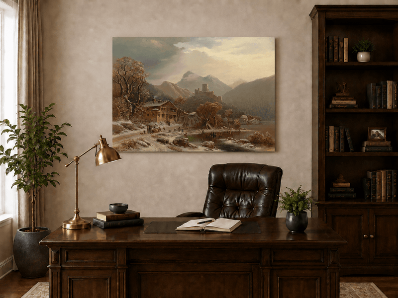 Peinture à l'huile de paysage - Gouffre rocheux spectaculaire avec personnages