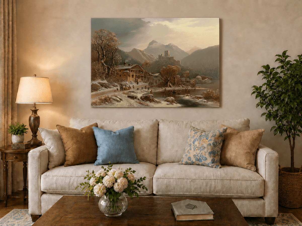 Peinture à l'huile de paysage - Gouffre rocheux spectaculaire avec personnages