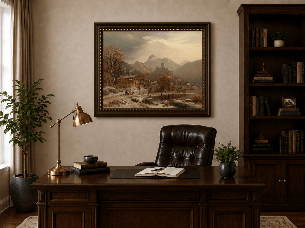 Peinture à l'huile de paysage - Gouffre rocheux spectaculaire avec personnages
