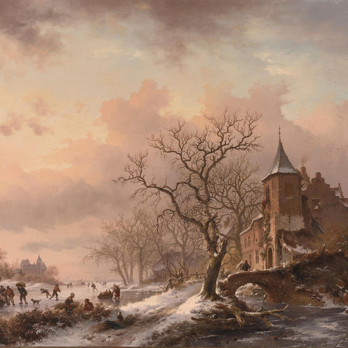 Landscape Oil Painting - Winter castle ruins & frozen river - Oil Painting Haven