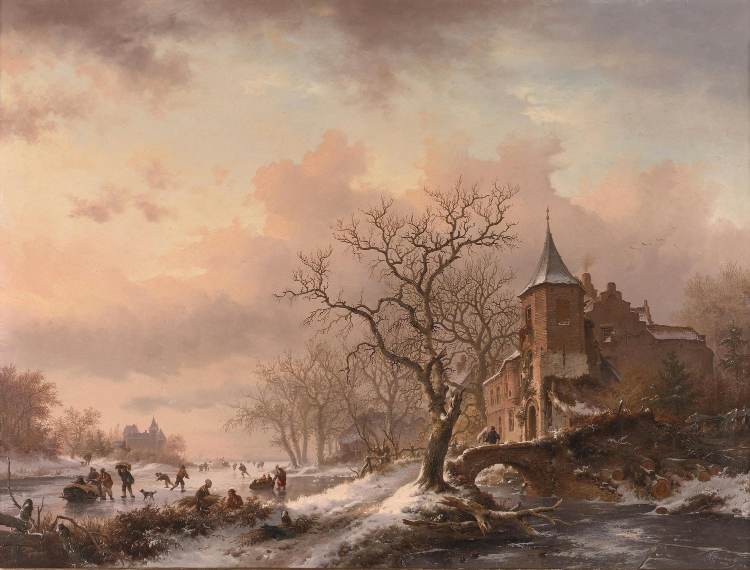Landscape Oil Painting - Winter castle ruins & frozen river - Oil Painting Haven