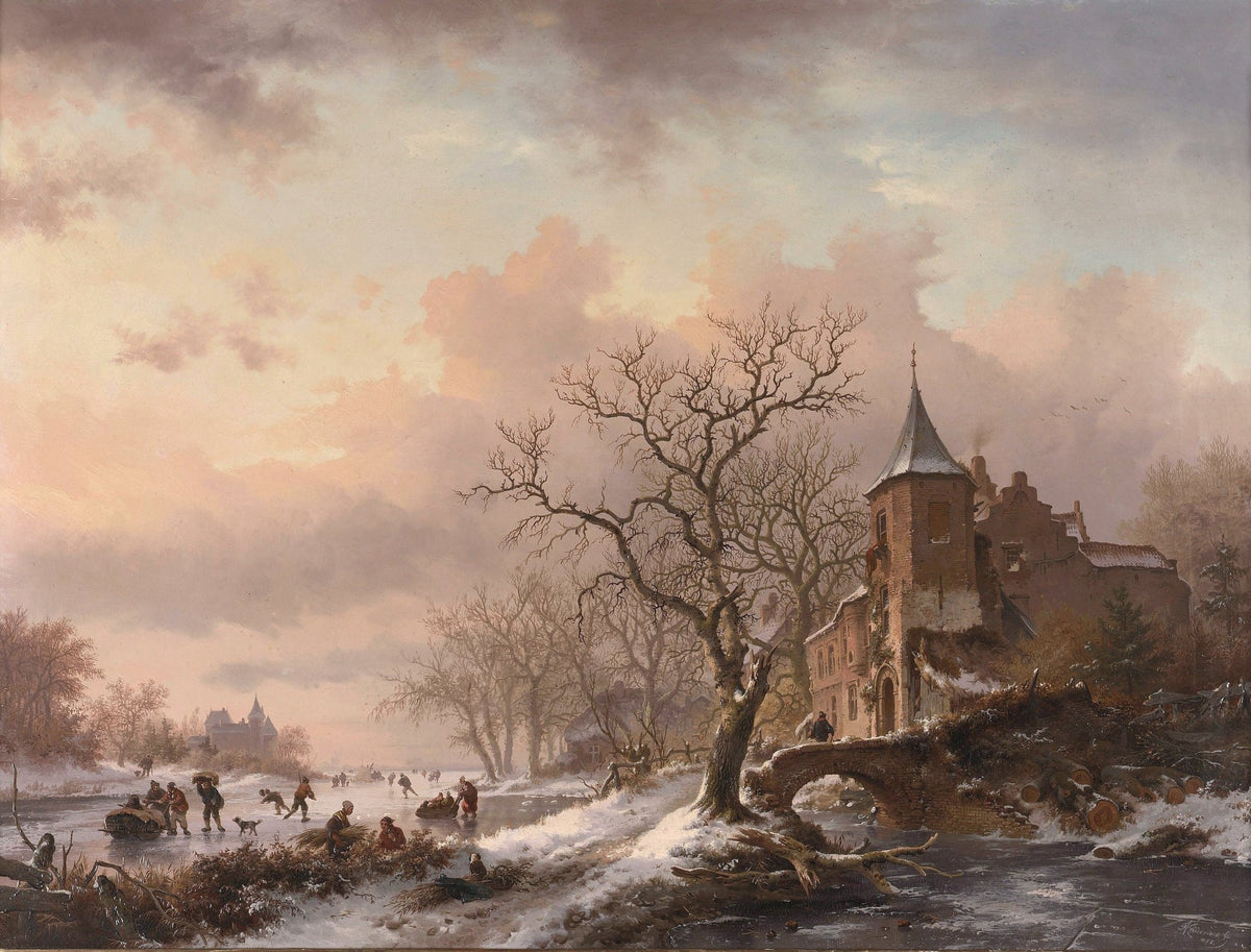 Landscape Oil Painting - Winter castle ruins & frozen river