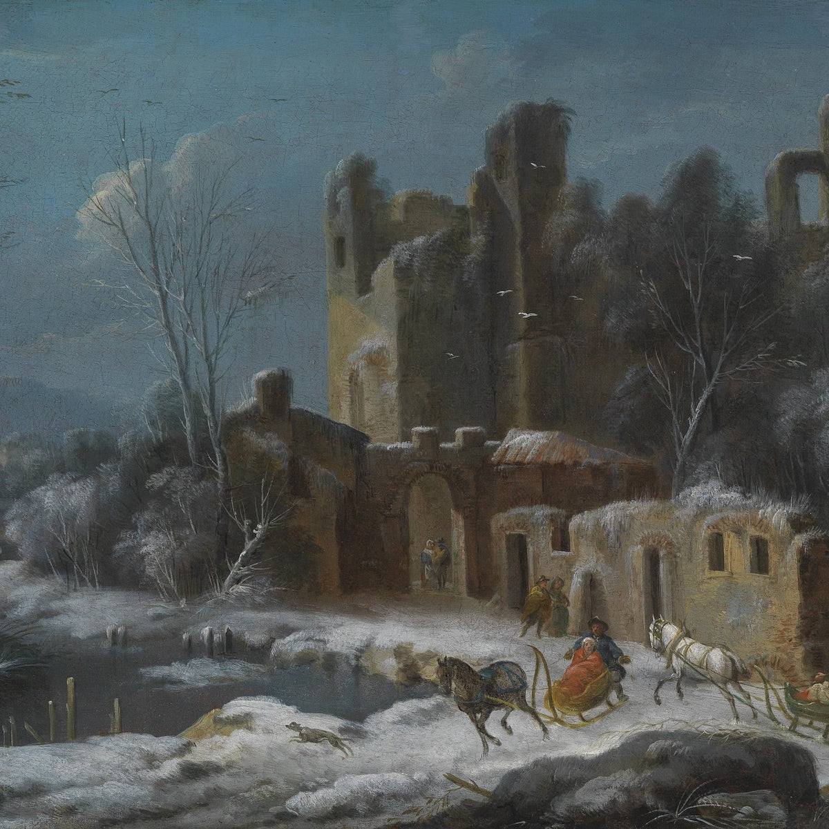 Landscape Oil Painting - Winter Castle Ruins, Sleds, Figures & Snowy - Oil Painting Haven
