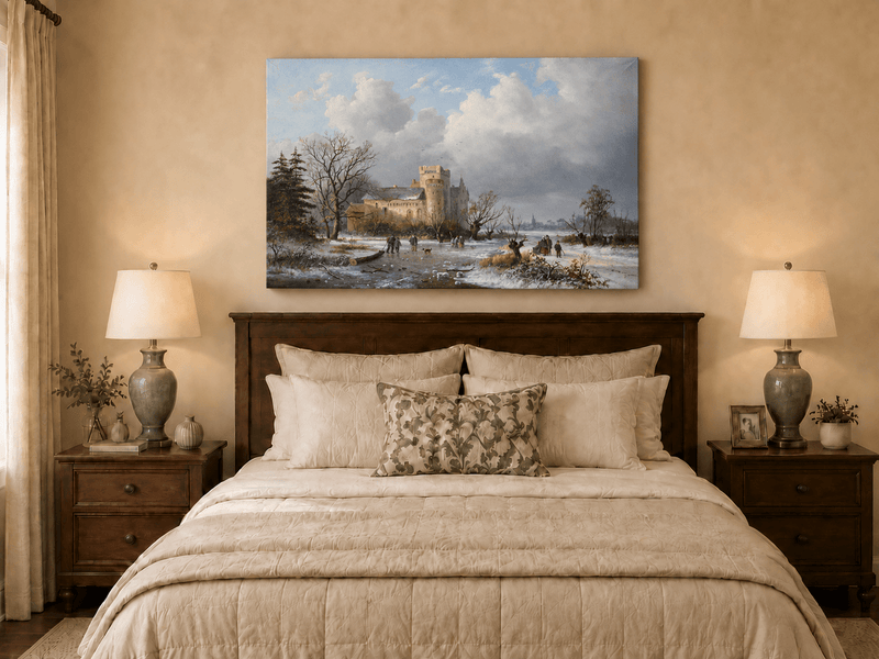 Peinture à l'huile de paysage - Scène de rivière hivernale avec personnages et chevaux