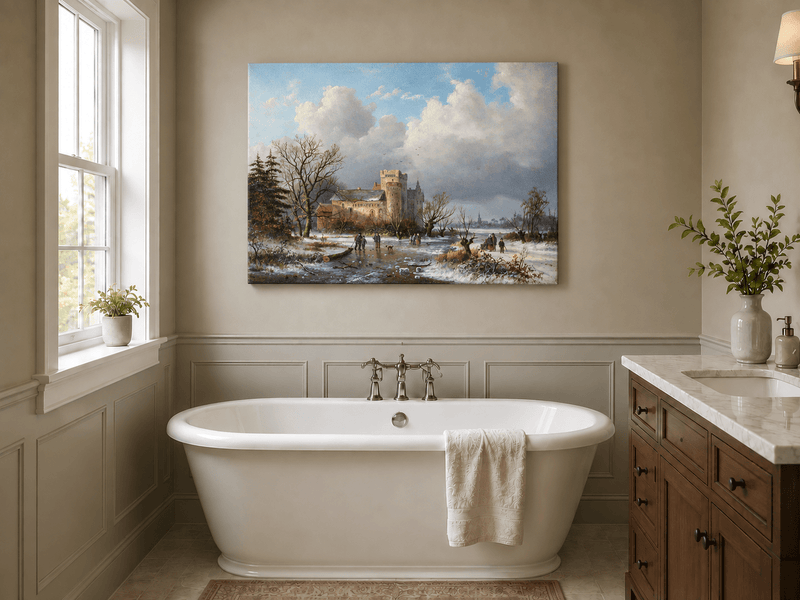 Peinture à l'huile de paysage - Scène de rivière hivernale avec personnages et chevaux