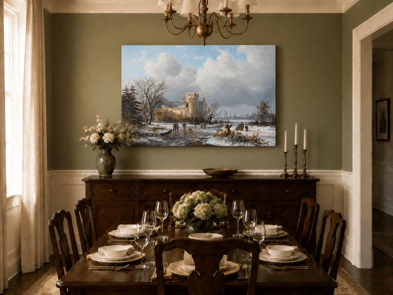 Peinture à l'huile de paysage - Scène de rivière hivernale avec personnages et chevaux