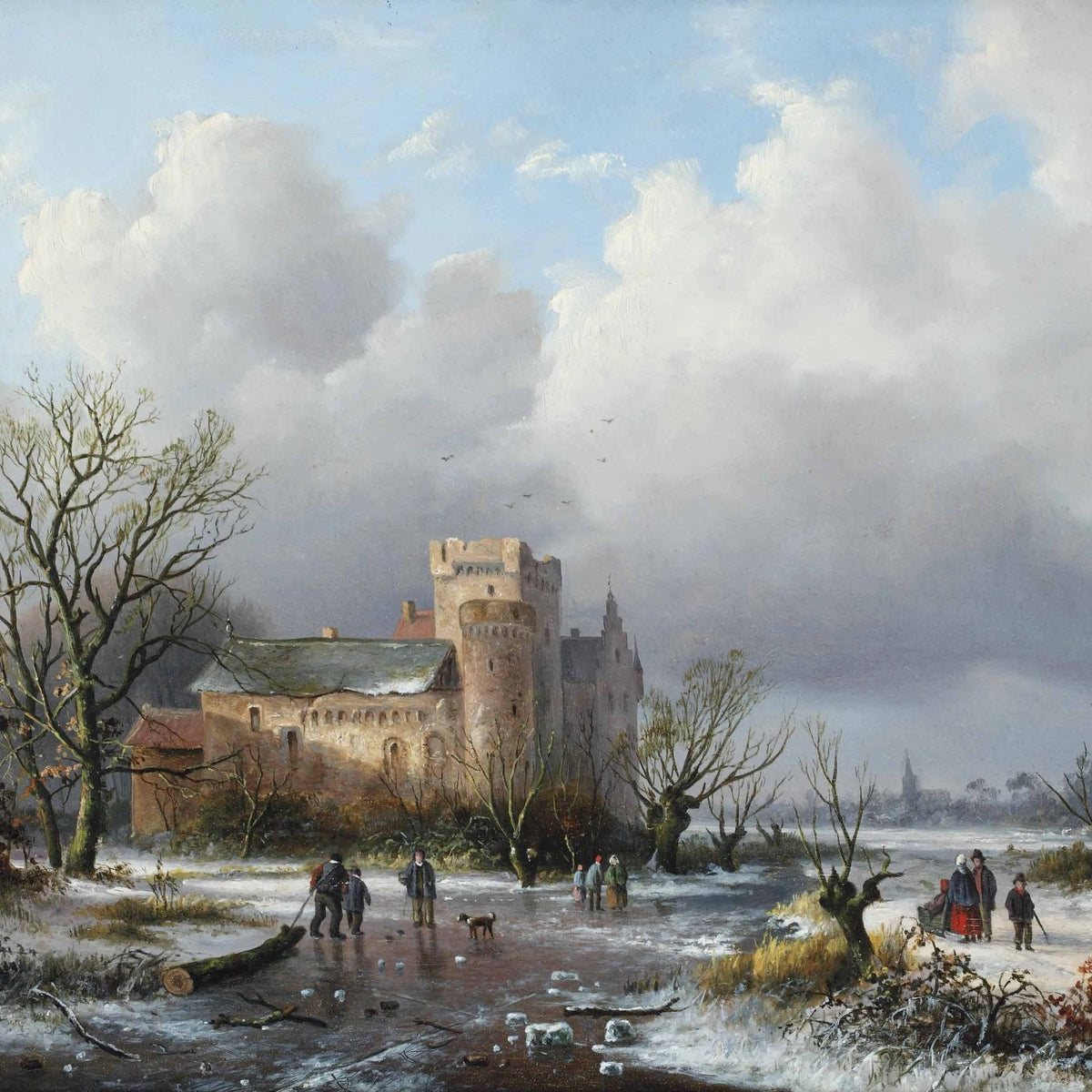 Hand-painted winter castle scene under dramatic sky landscape oil painting on canvas