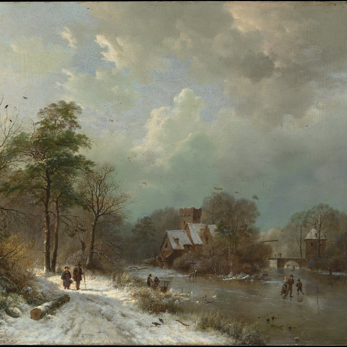 Hand-painted winter castle village by frozen river landscape oil painting on canvas