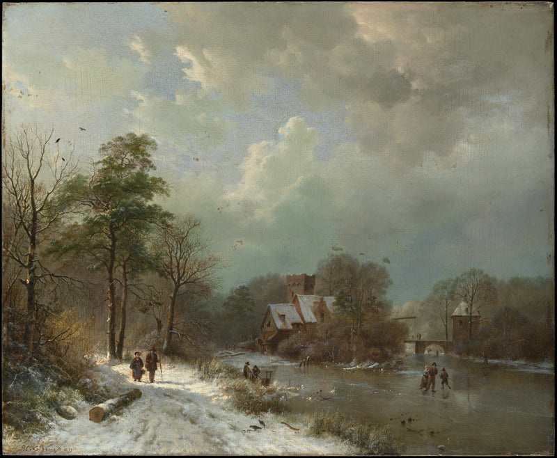 Hand-painted winter castle village by frozen river landscape oil painting on canvas