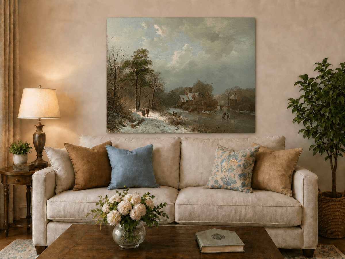 Landscape Oil Painting - Winter Castle Village by Frozen River