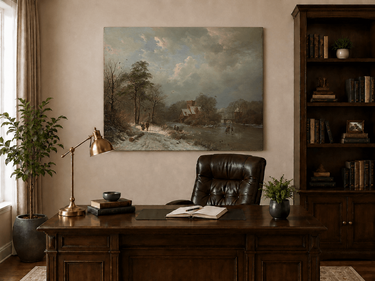 Landscape Oil Painting - Winter Castle Village by Frozen River