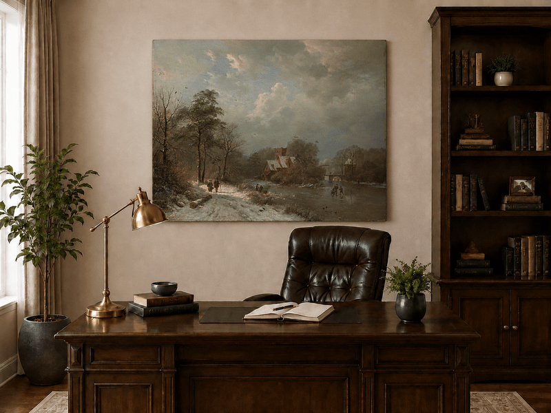Landscape Oil Painting - Winter Castle Village by Frozen River