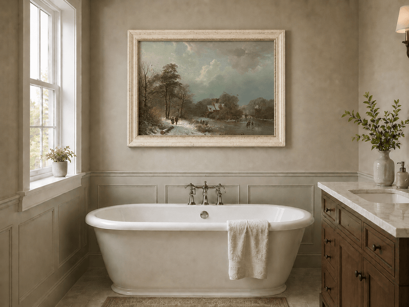 Landscape Oil Painting - Winter Castle Village by Frozen River