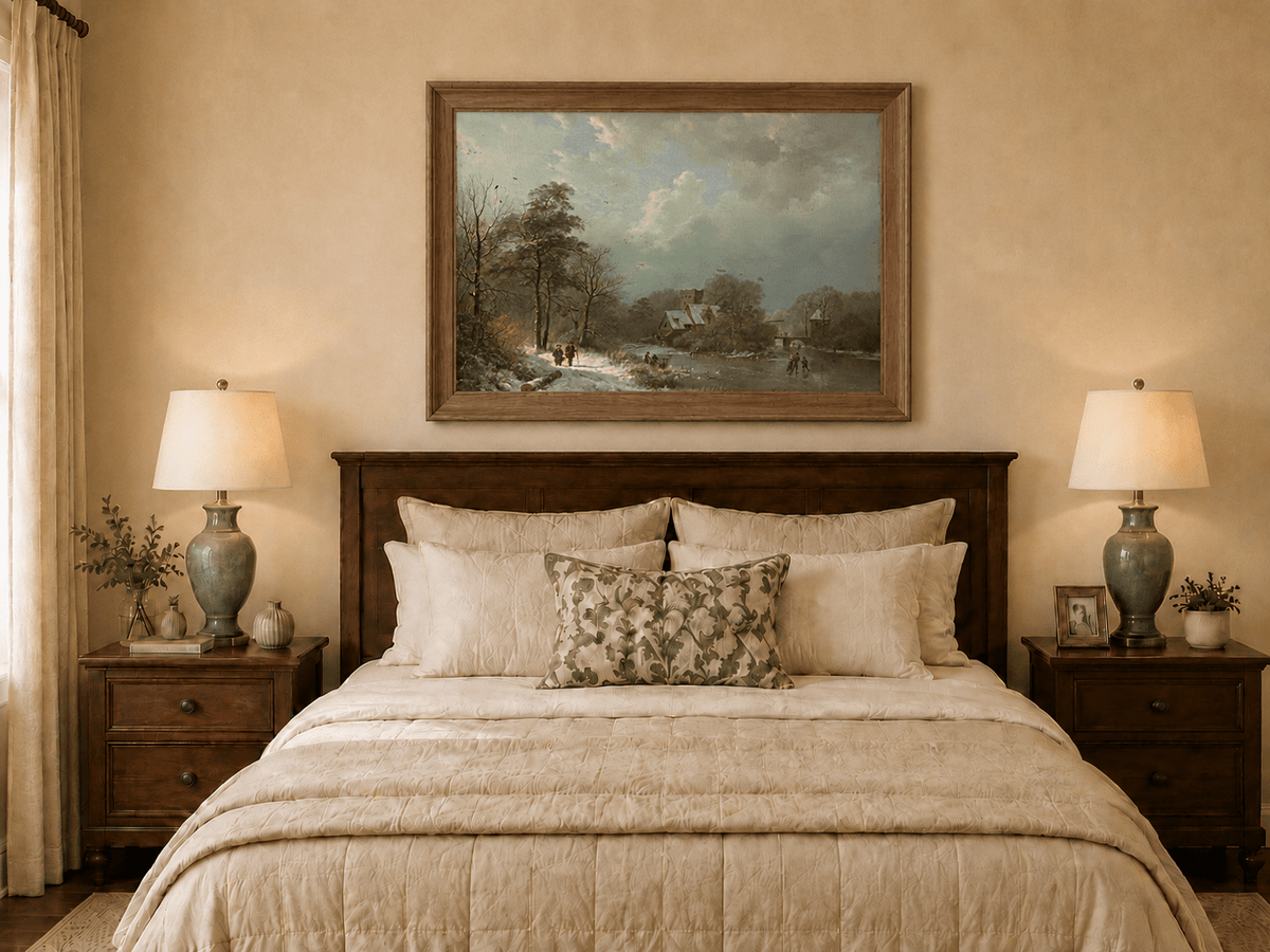 Landscape Oil Painting - Winter Castle Village by Frozen River