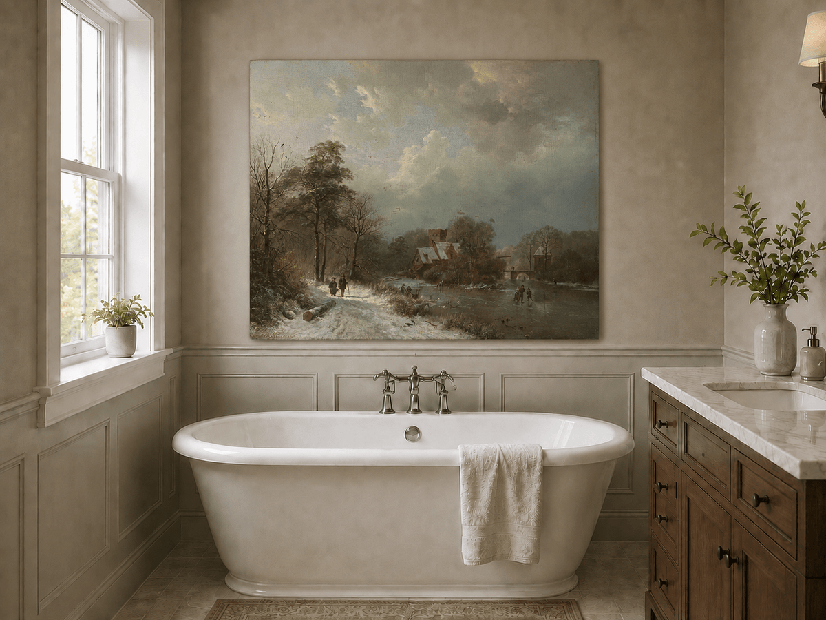 Landscape Oil Painting - Winter Castle Village by Frozen River