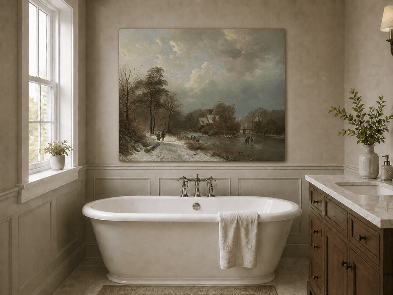 Landscape Oil Painting - Winter Castle Village by Frozen River