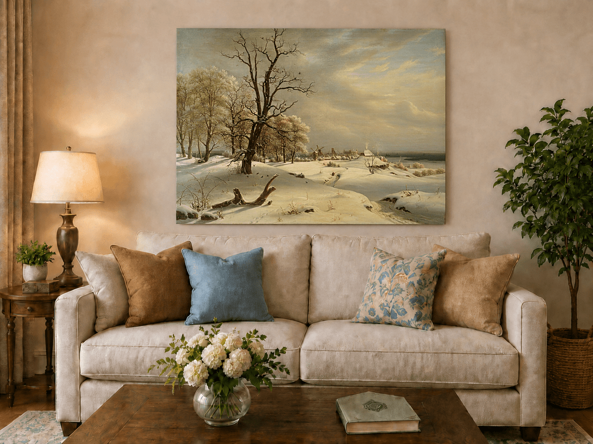 Landscape Oil Painting - Winter Coast with Old Oak and Village