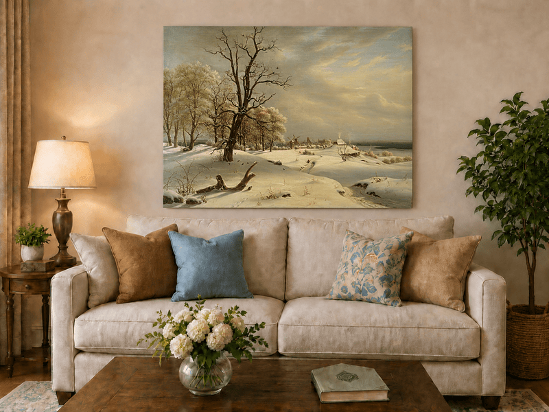 Landscape Oil Painting - Winter Coast with Old Oak and Village