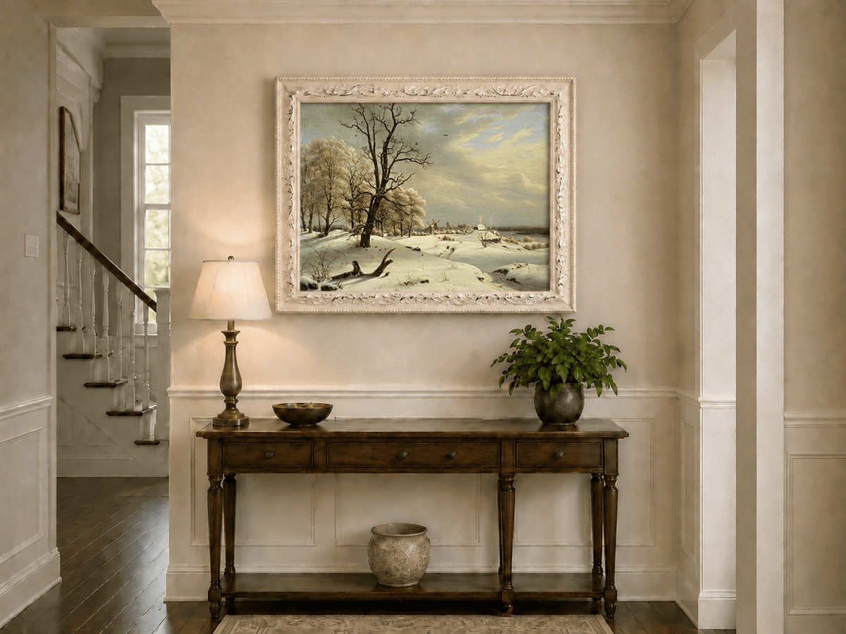 Landscape Oil Painting - Winter Coast with Old Oak and Village