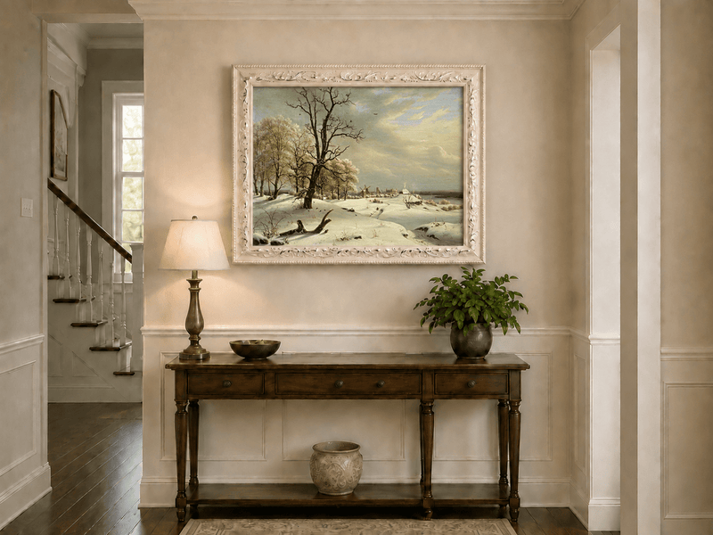 Landscape Oil Painting - Winter Coast with Old Oak and Village