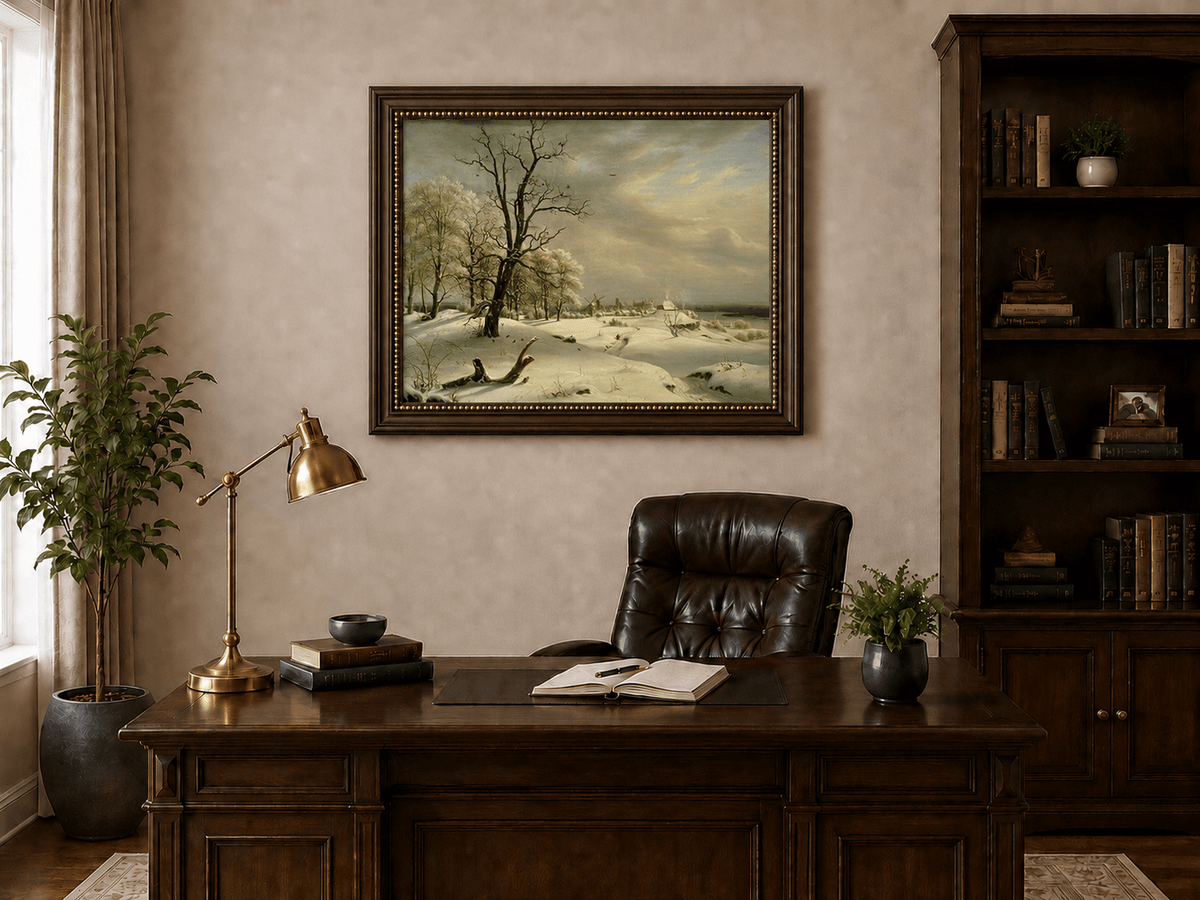 Landscape Oil Painting - Winter Coast with Old Oak and Village