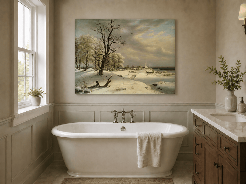 Landscape Oil Painting - Winter Coast with Old Oak and Village