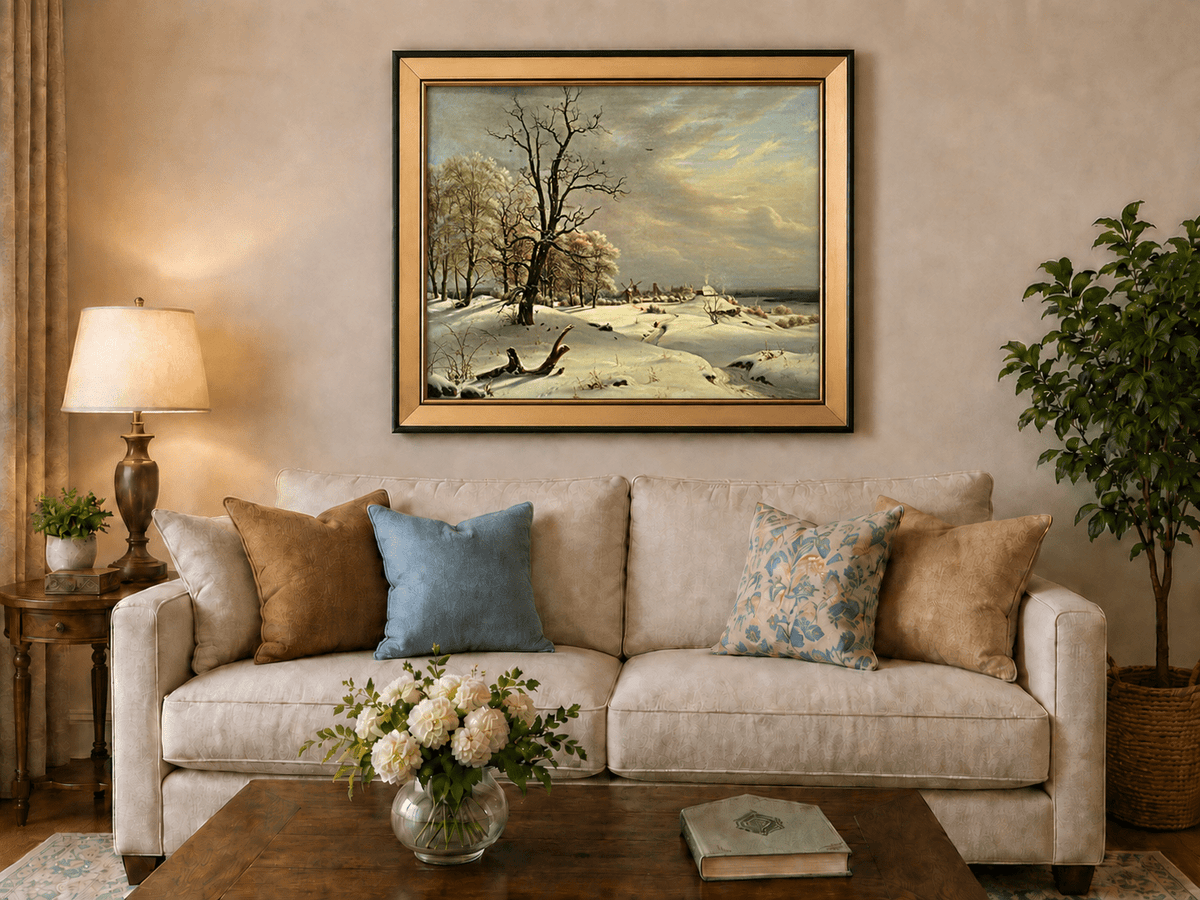 Landscape Oil Painting - Winter Coast with Old Oak and Village