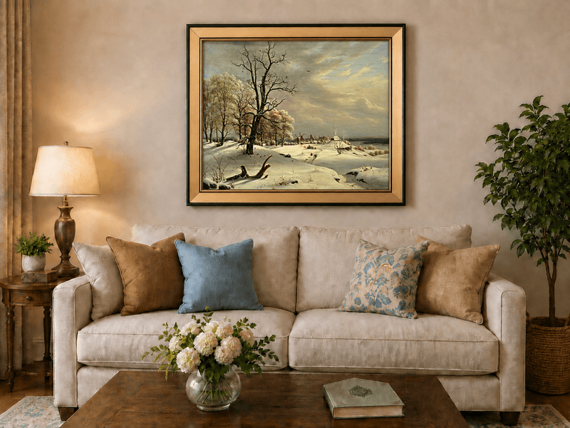 Landscape Oil Painting - Winter Coast with Old Oak and Village