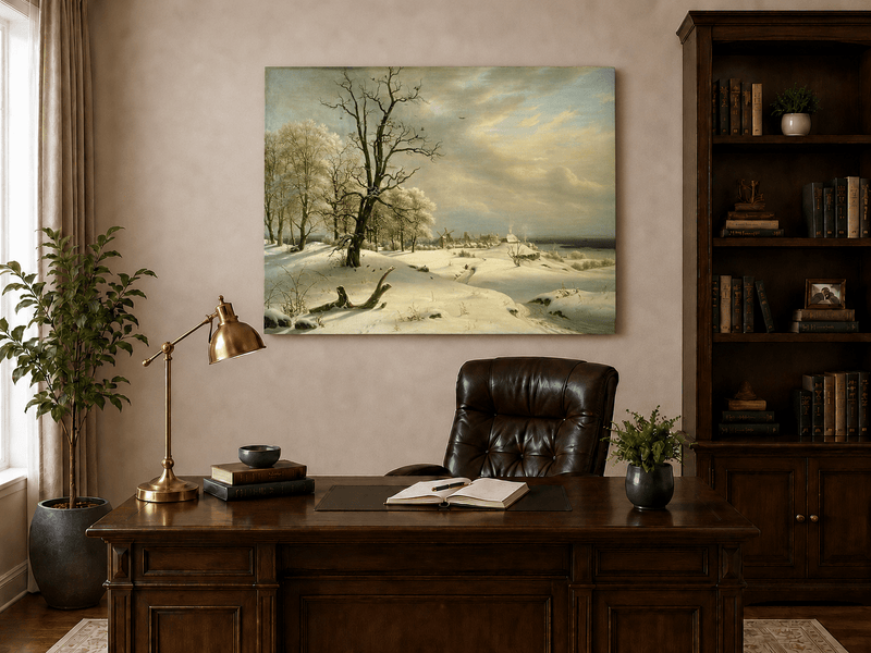 Landscape Oil Painting - Winter Coast with Old Oak and Village