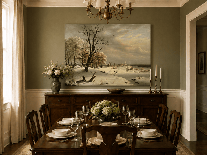 Landscape Oil Painting - Winter Coast with Old Oak and Village